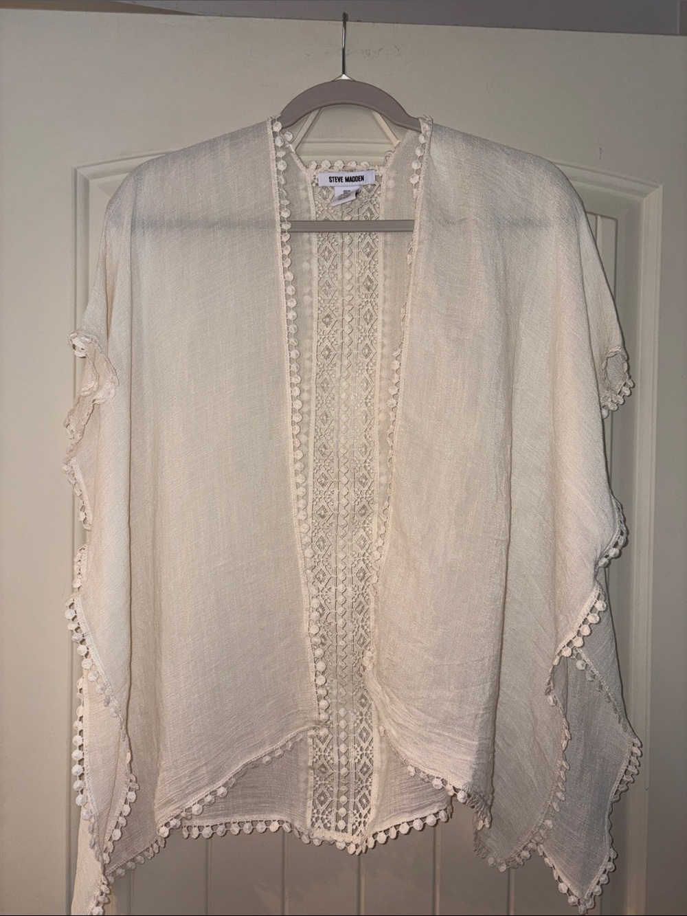 Steve Madden Cream Lace-Trim Poncho kimono Cover-Up - Picture 3 of 7